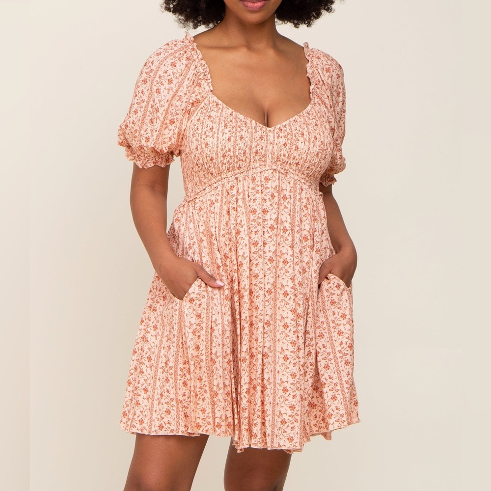 Heyson Peach Floral Puff Sleeve Smocked Mini Dress Size M
